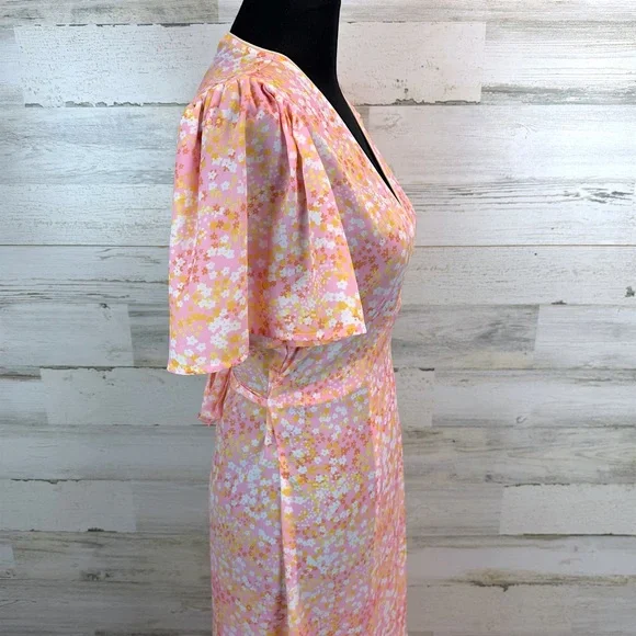 LaRoque Floral Wrap Midi Dress Pink Yellow Cottagecore Preppy Feminine Small - Picture 10 of 16